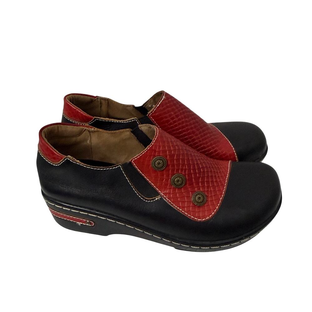 L’Artiste Mehdi Clog Women’s Size 6 Red Black Leather Slip On Comfort 36